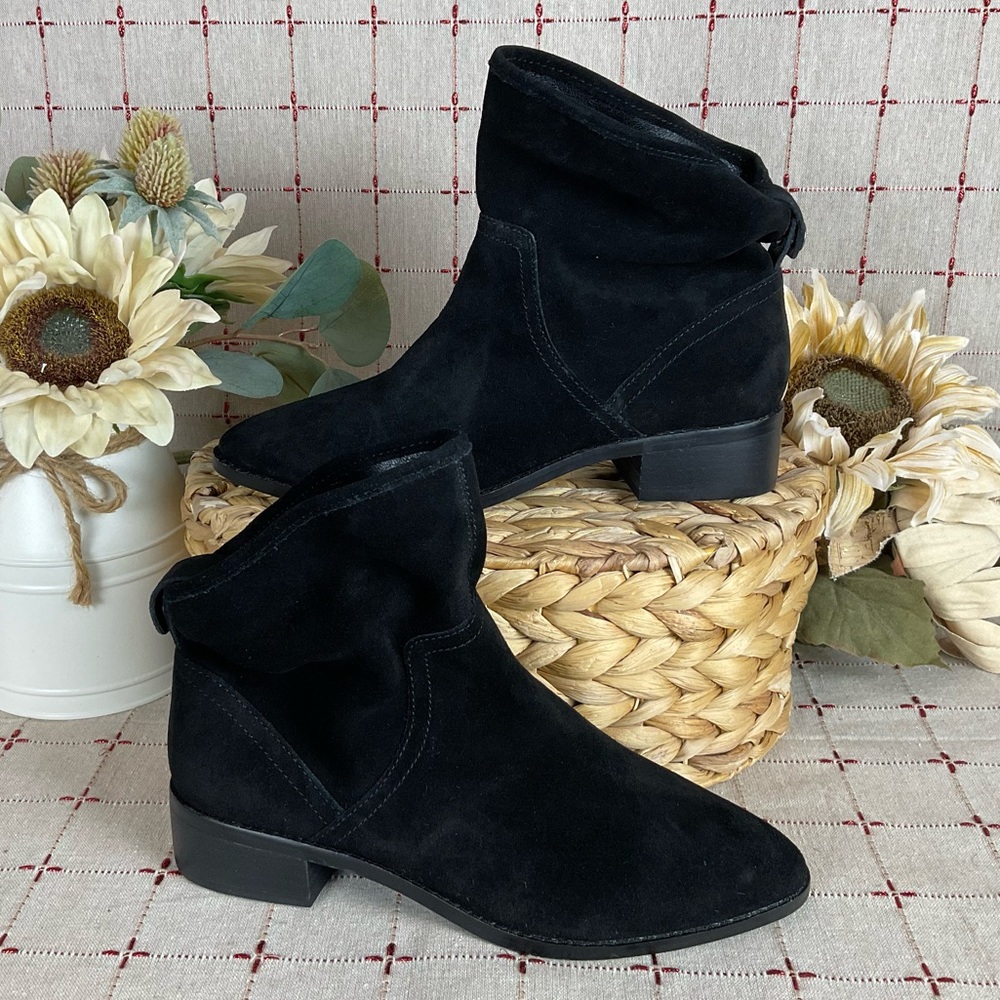 Lucky Brand “Lollin” Black Oiled Suede Ankle Boots Slouchy Bootie Size 6.5 New - Picture 1 of 7